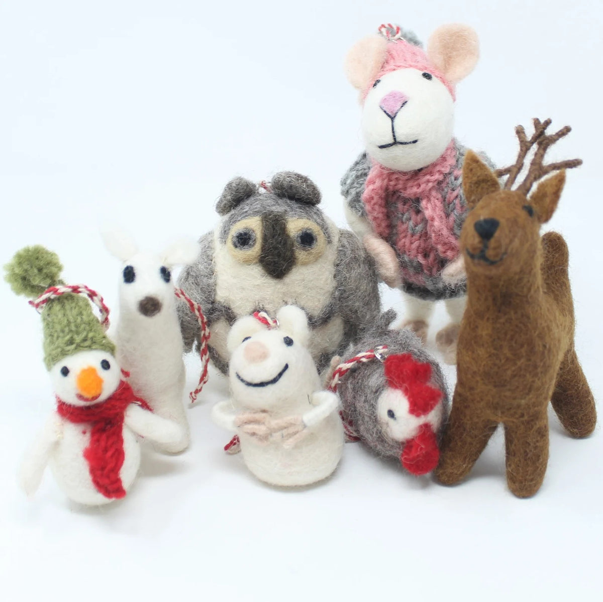 Felt Wool Christmas Tree Ornaments Mouse Sister Collection (7pcs)