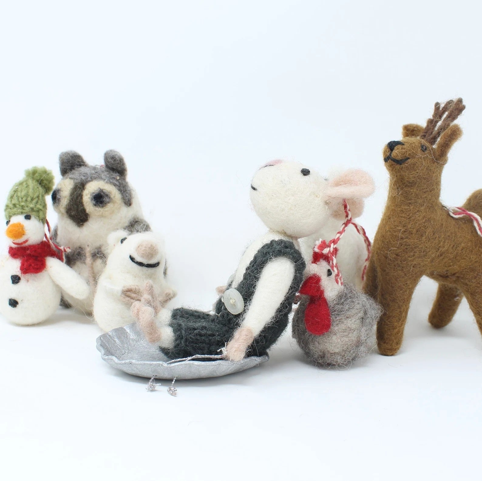 Felt Wool Christmas Ornament - Mouse on Sled Collection (7pcs)