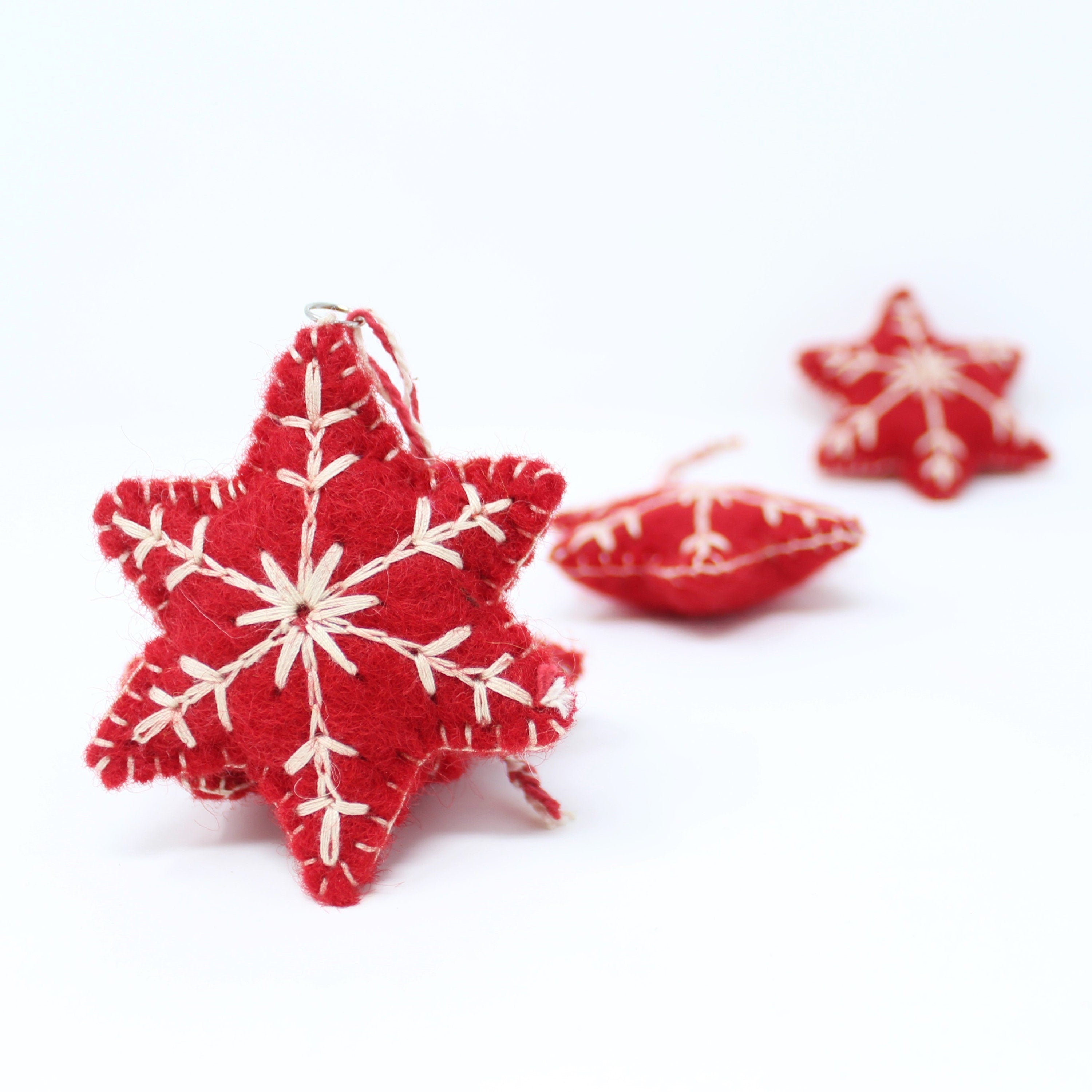 Felt Ornaments, Red Snowflakes - Pack of 6 Christmas Ornaments - Felt Wool Ornaments Collection - Felt Christmas Tree Ornaments