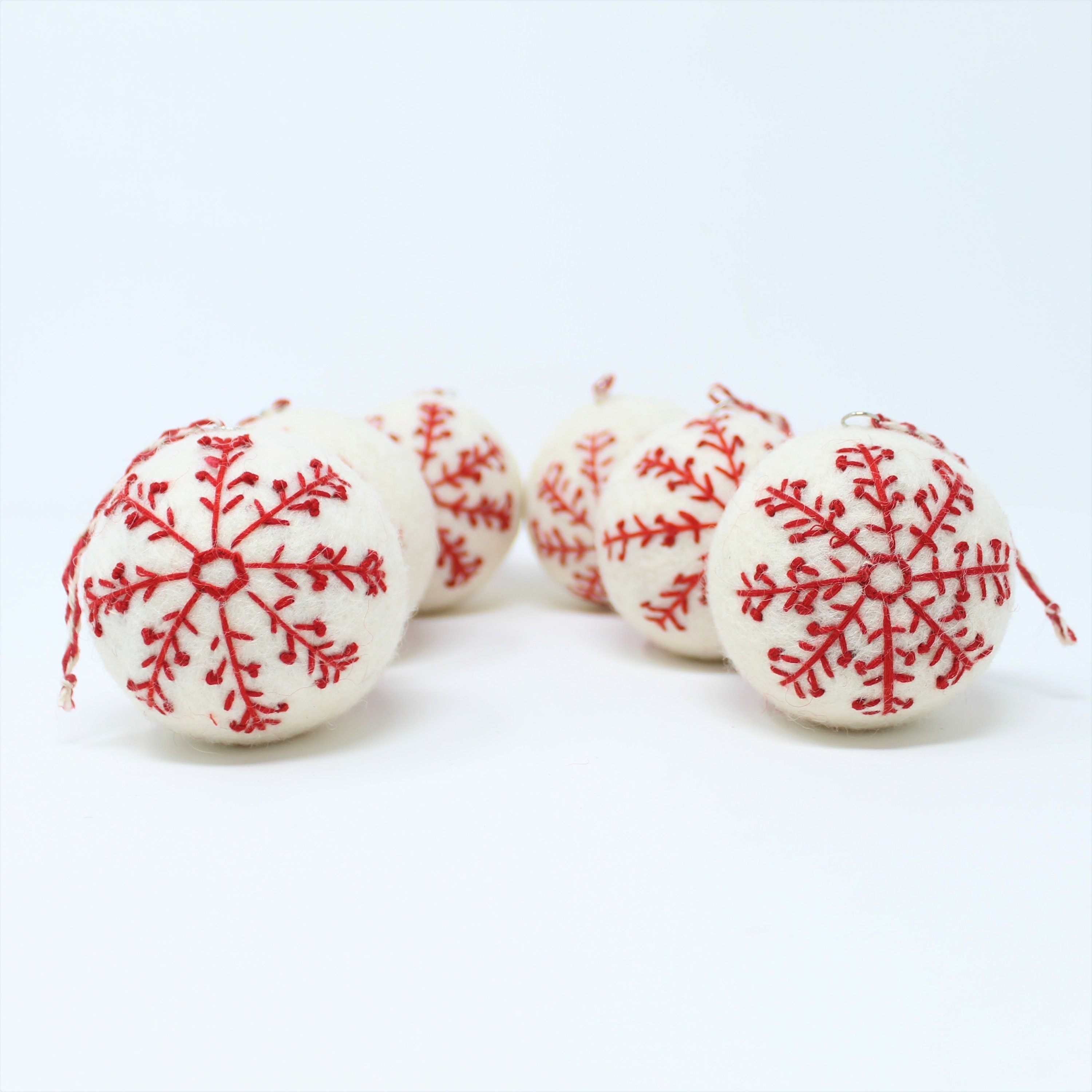 Felt Wool White Ball Star- Pack of 6 Christmas Tree Ornaments - Handmade from Eco-friendly dyes and 100% Wool - Fair Trade Certified