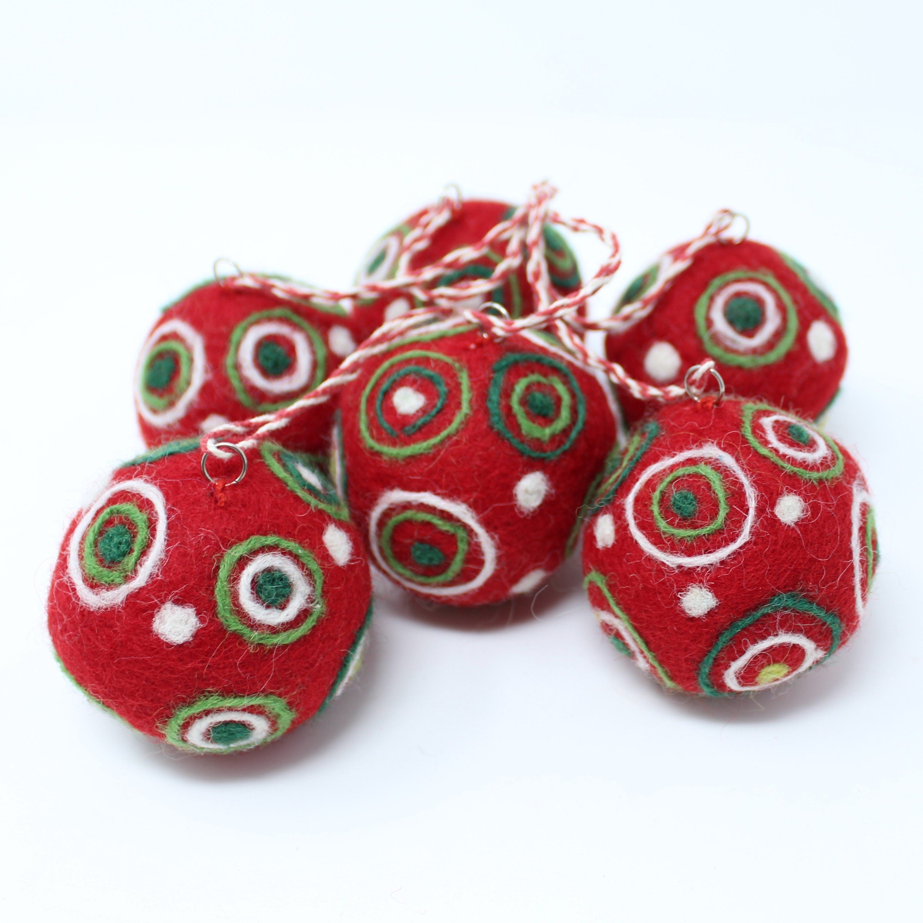 Felt Wool Red Balls - Felted Christmas Tree Ornaments - Handmade from Eco-friendly dyes and 100% Wool - Fair Trade Certified Set of 6